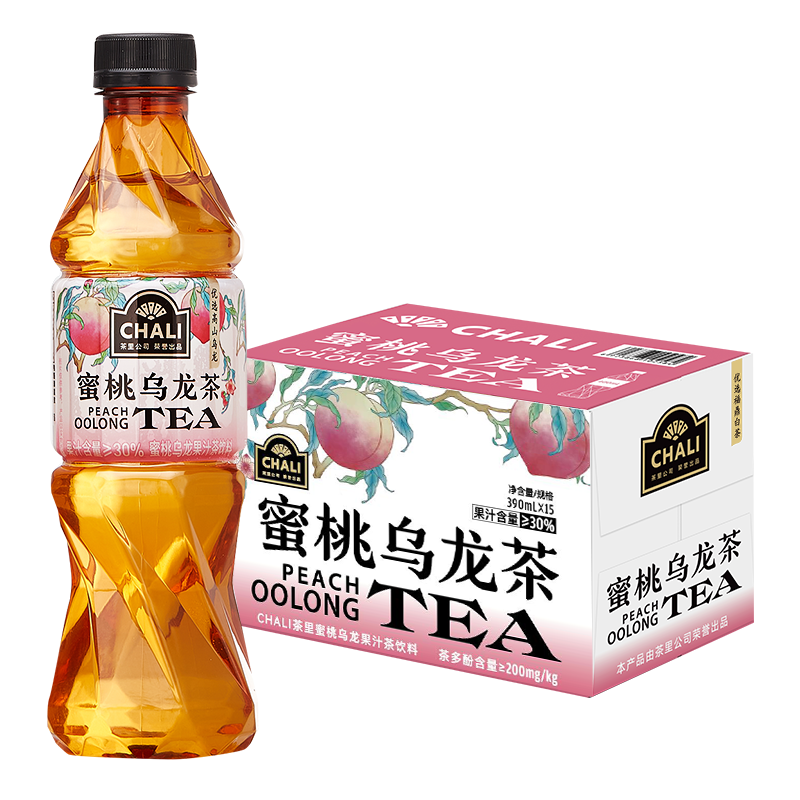 需首购、PLUS会员:CHALI茶里蜜桃乌龙果汁茶饮料瓶装390ml*15瓶整箱 41.31元