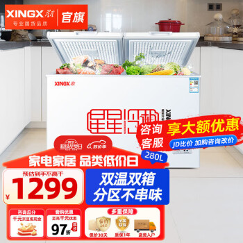 XINGX 星星 冰柜双温家用冷柜小型 冷藏冷冻卧式商用保鲜冰箱 节能省电 280升双温双箱大容量