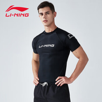 LI-NING 李宁 泳衣男士短袖泳衣防尴尬泡温泉冲浪服LSLR225 短袖黑色 XL