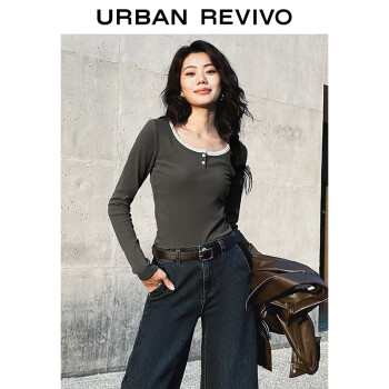 URBAN REVIVO UR2024春季新款女装撞色设计感正肩紧身圆领长袖T恤UWV440006