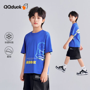 QQ duck 可可鸭 童装儿童T恤男童短袖女童运动上衣大童衣服织带克莱因蓝；140