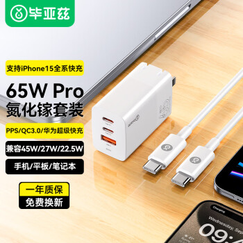 Biaze 毕亚兹 65W氮化镓充电器套装USB+Type-C数据线兼容PD20W多口快充头笔记本苹果15华为小米（）