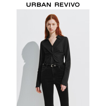 URBAN REVIVO UR2024春季新款女装时尚设计感气质扭结V领修身衬衫UWH240013