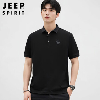 JEEP SPIRIT 吉普短袖男T恤夏季纯色Polo商务打底衫男士刺绣衣服 黑色 2XL