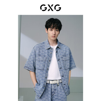 GXG 男装 满身提花牛仔短袖衬衫外套男士24年夏季 浅蓝色 165/S