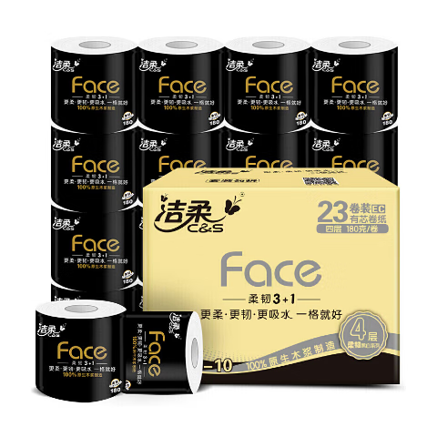 京东百亿补贴、Plus会员立减:洁柔有芯卷纸 黑Face4层180克23卷 厚韧更耐用 大分量卫生纸巾整箱 192.35元（合38.47元/件）包邮