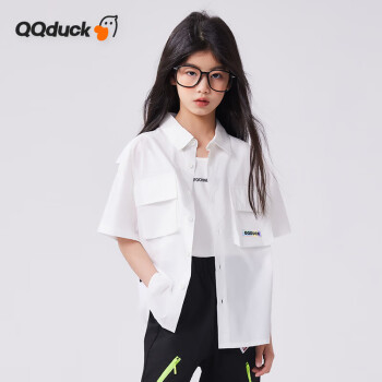 QQ duck 可可鸭 童装儿童衬衣男童短袖上衣女童休闲白衬衫夏口袋衬衫白色；165