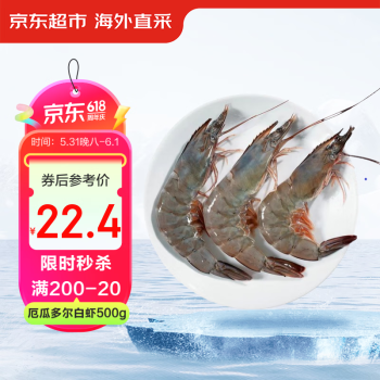 京东超市 海外直采 厄瓜多尔白虾（40/50规格）20-25只/盒 净重500