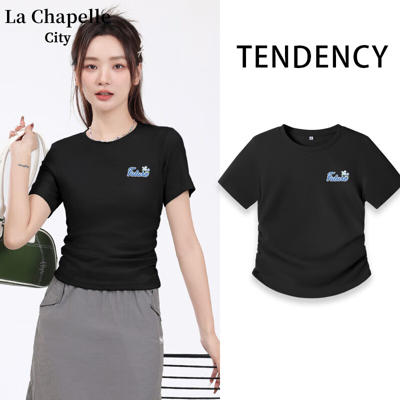 La Chapelle City 拉夏贝尔褶皱正肩紧身短款T恤 黑-油画拼图K L 券后24.34元