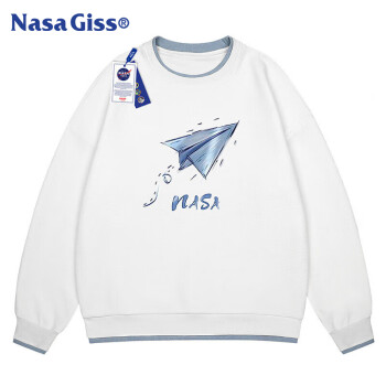 NASA GISS 卫衣男春秋季圆领华夫格长袖T恤学生假两件打底上衣 白色 L