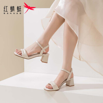 红蜻蜓 2024夏季一字带粗跟法式高跟鞋女时装凉鞋 WFK24040米白色36