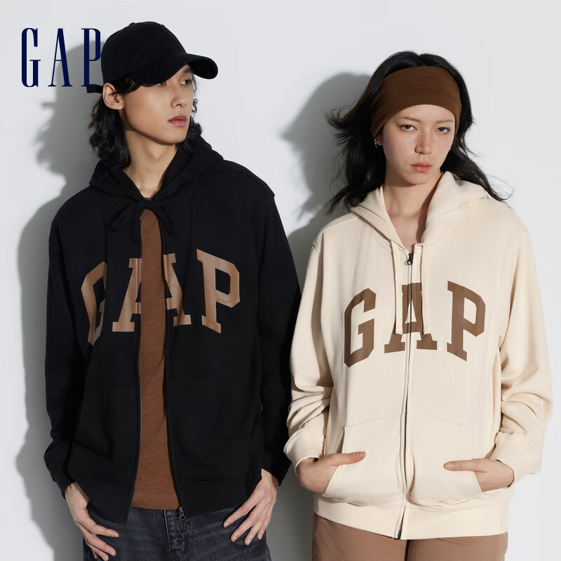 Gap 盖璞 男女装春季2024新款LOGO美式复古法式圈织软卫衣外套892182 黑色 券后157.76元