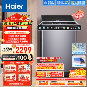 Haier 海尔 波轮洗衣机全自动家用 10公斤大容量 变频一级能效 双动力防缠绕 晶 ES100B26Mate6