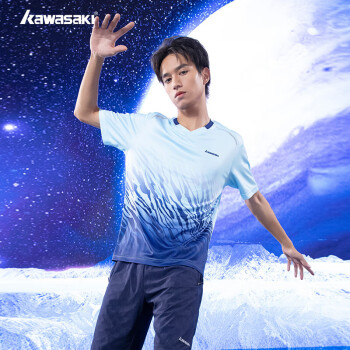 KAWASAKI 川崎 专业羽毛球服男款运动短袖T恤V领速干A1942 木精蓝 3XL