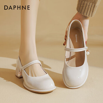 daphne达芙妮法式玛丽珍女鞋小皮鞋2024夏季白色高跟珍珠浅口单鞋米色
