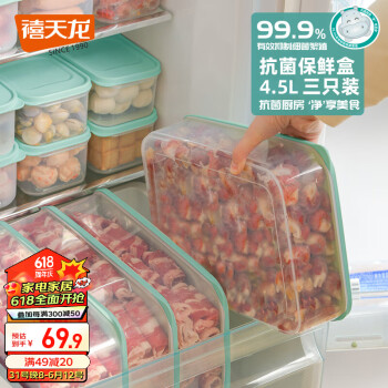 Citylong 禧天龙 天龙抗菌保鲜盒大容量食品级冰箱收纳盒厨房蔬菜水果冷冻盒子5.1L*3 5.1L 3个装