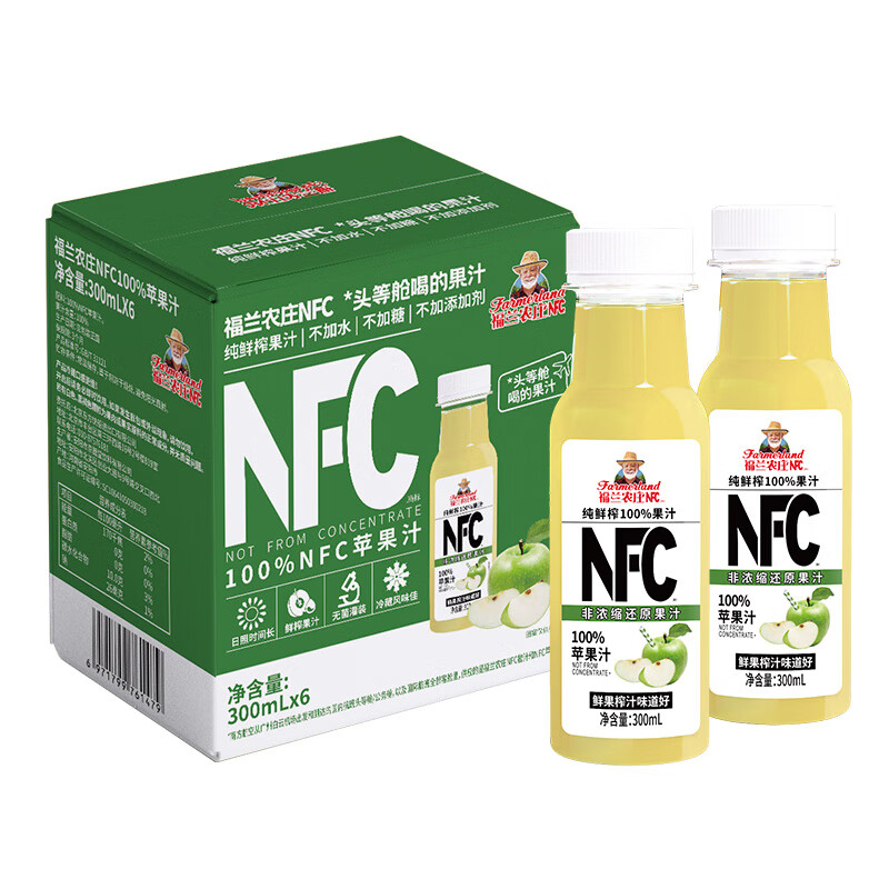 福兰农庄 100%NFC苹果汁纯鲜榨果汁饮料0添加剂0脂肪300ml*6瓶 券后15.9元