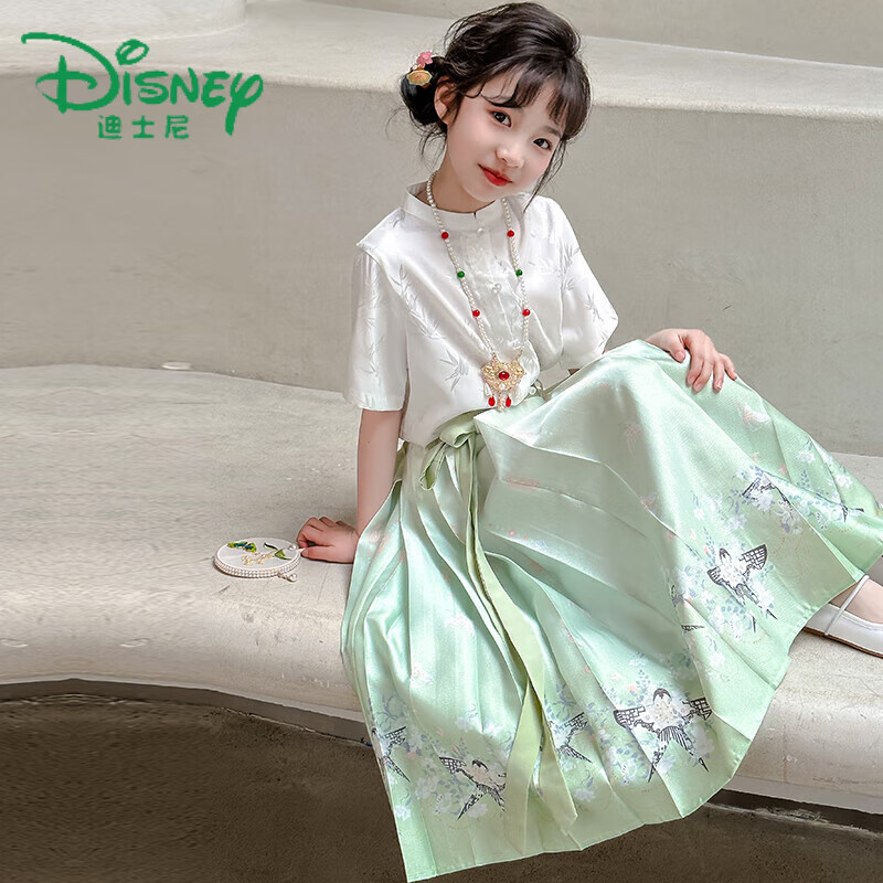 Disney 迪士尼 士尼（Disney）夏日马面裙穿搭女童套装中国风日常汉服古风夏季宝宝薄款唐装汉服 绿色燕子马面裙* 120 券后264.88元