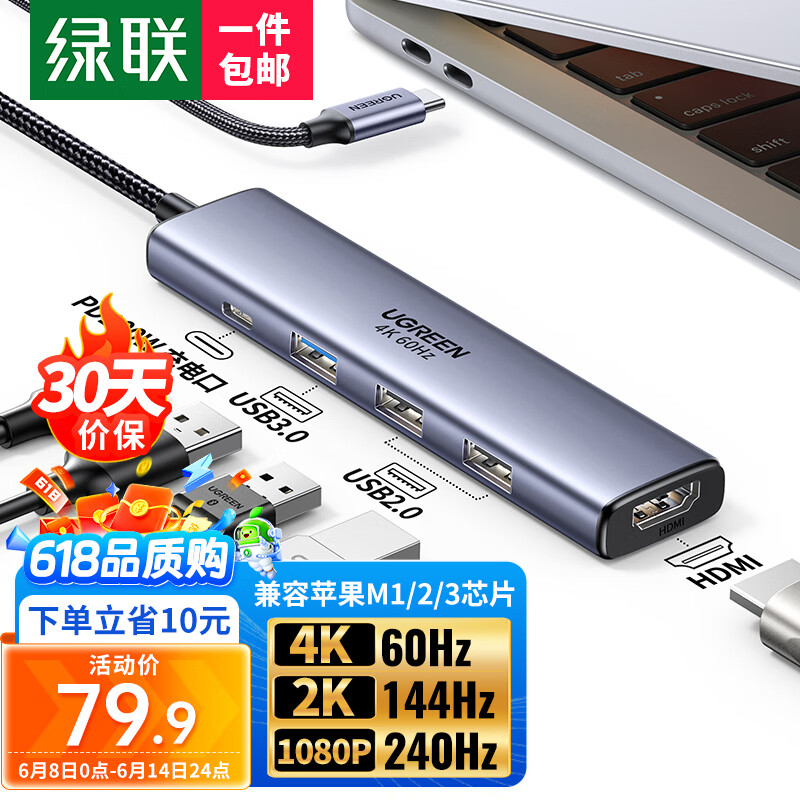 UGREEN 绿联 Type-C扩展坞雷电4拓展坞USB分线器HDMI转接头4K通用苹果15MacBook华iPad ￥79.4