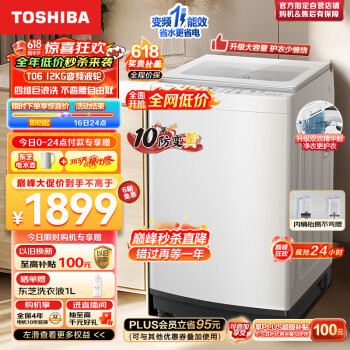 TOSHIBA 东芝 波轮洗衣机全自动 12公斤大容量白色 双效精华预混舱 银离子除菌螨 直驱变频