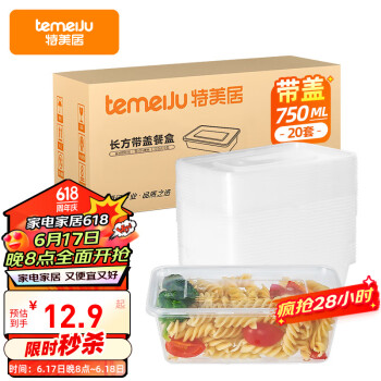temeiJu 特美居 一次性饭盒长方形透明塑料快餐盒加厚带盖打包盒餐具20套装750ml