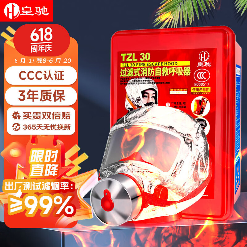皇驰 防毒面具消防面具防烟防火面罩逃生过滤式消防自救呼吸器TZL30一件 24.9元