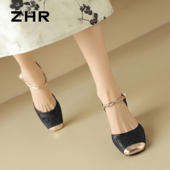 ZHR凉鞋女新中式珍珠粗跟女鞋舒适魔术贴单凉鞋子女 JZ17 黑色 37