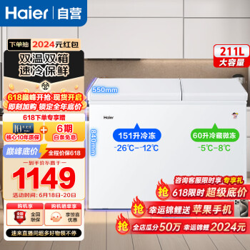 Haier 海尔 冷藏冷冻柜家用小型冰柜卧式商用双温双箱大冷冻力双门