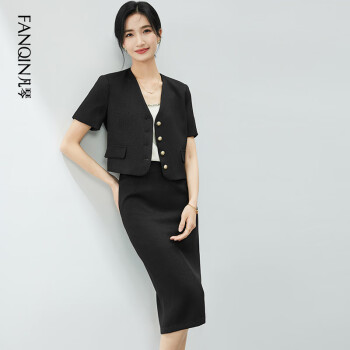 Fan Qin 凡琴 气质通勤小香风套装浮雕金属扣短款外套包臀裙两件套 黑色 L