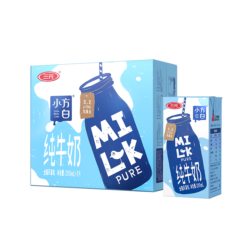 plus会员:三元小方白纯牛奶200ml*24盒＊3件 110.17元包邮（合36.72元/件）