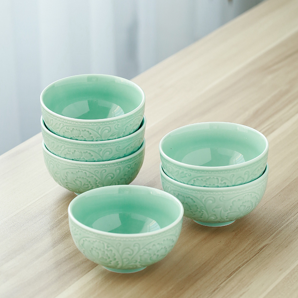 苏氏陶瓷（SUSHI CERAMICS）青瓷釉陶瓷碗花开富贵米饭碗汤碗6件套装餐具 36.8元