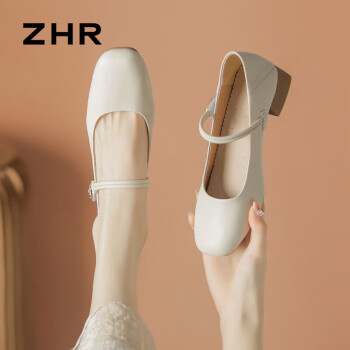 ZHR玛丽珍鞋女优雅舒适粗跟单鞋女气质通勤浅口女鞋 AH506 米色 37
