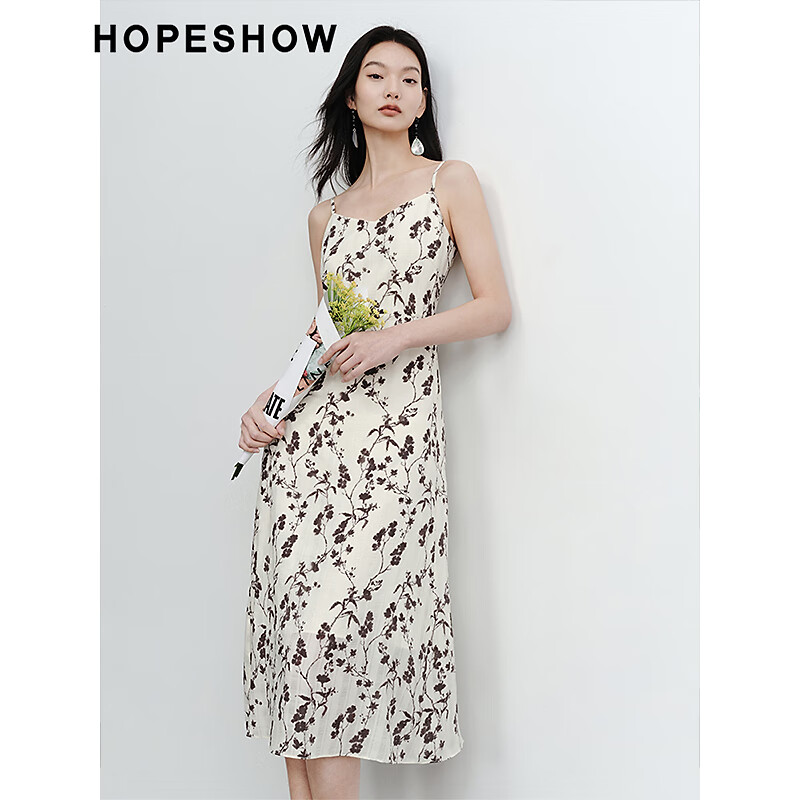 HOPESHOW 红袖 碎花连衣裙夏季2024新款女装 收腰肌理感显瘦气质V领冷淡风吊带裙 米底黑花670 S 券后214元