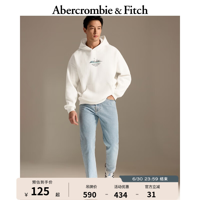 Abercrombie & Fitch 男装女装情侣装 通勤运动宽松美式复古美式风连帽卫衣 355559-1 米白色 124.4元