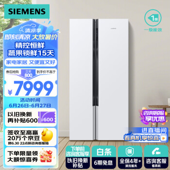 SIEMENS 西门子 630升对开门冰箱双开门精控恒鲜一级能效变频家用冰箱大容量白色618KX63EA20TI