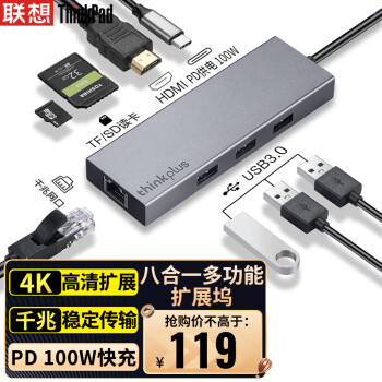 ThinkPad 思考本 联想 Type-C扩展坞 USB-C转HDMI转接头 分线器 千兆网口 华为苹果电脑