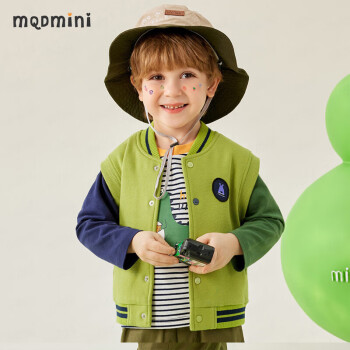MQDMINI 童装男童马甲儿童棒球领无袖小孩背心单件狮子马甲绿色；100