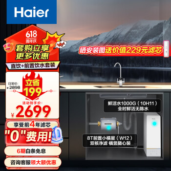 Haier 海尔 1000G大通量双出水厨下式RO反渗透净水器+前置过滤器HRO10H11+横置W12