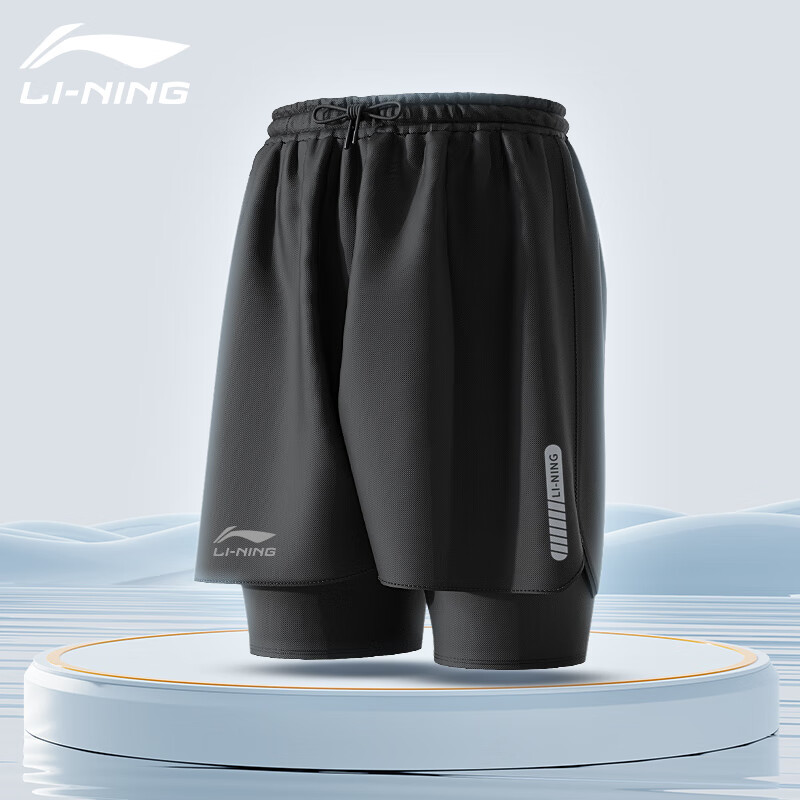 LI-NING 李宁 短裤男夏季跑步运动裤子健身二合一五分裤沙滩裤速干透气裤黑色XL ￥65.2