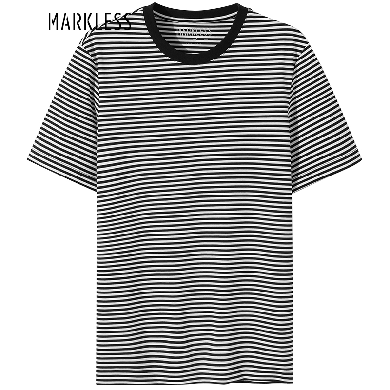Markless 夏季宽松圆领条纹短袖T恤TXB2656M-1 黑白条 L 券后49元