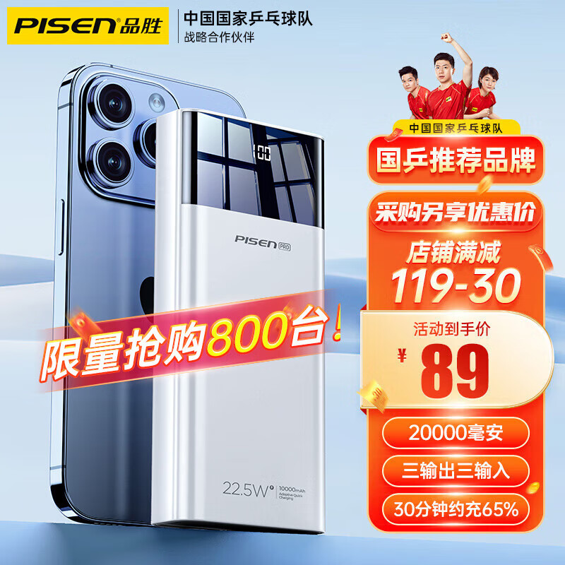 PISEN 品胜 充电宝20000毫安时22.5W超级快充移动电源便携可上飞机大容量适用于苹果华 22.5W2 券后69元