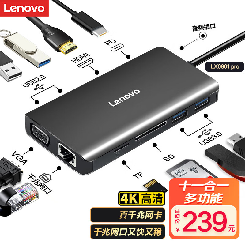 Lenovo 联想 Type-C扩展坞USB-C转HDMI/VGA转接头千兆网口网线转换器笔记本LX0801 PRO 98.41元