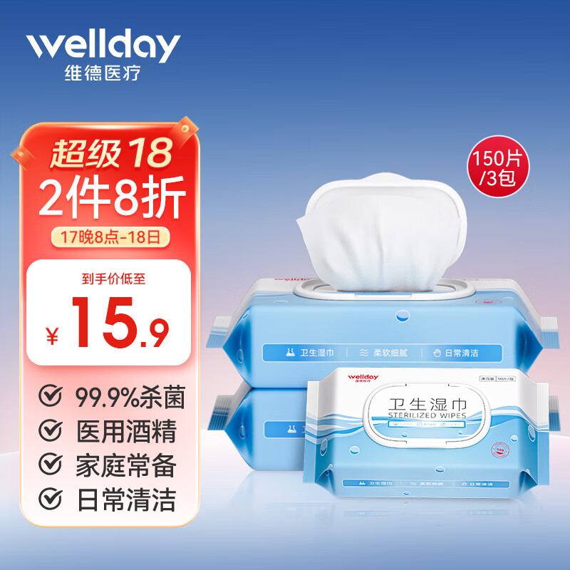 WELLDAY 维德 酒精湿巾99.9%杀菌6级过滤家用办公清洁卫生湿巾 2提 ￥11.93