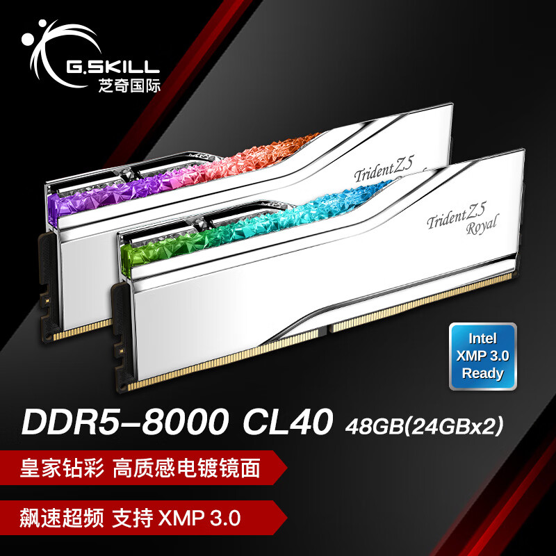 G.SKILL 芝奇 48GB(24Gx2)套装 DDR5 8000频率 台式机内存条-皇家戟RGB灯条/C40 2999元
