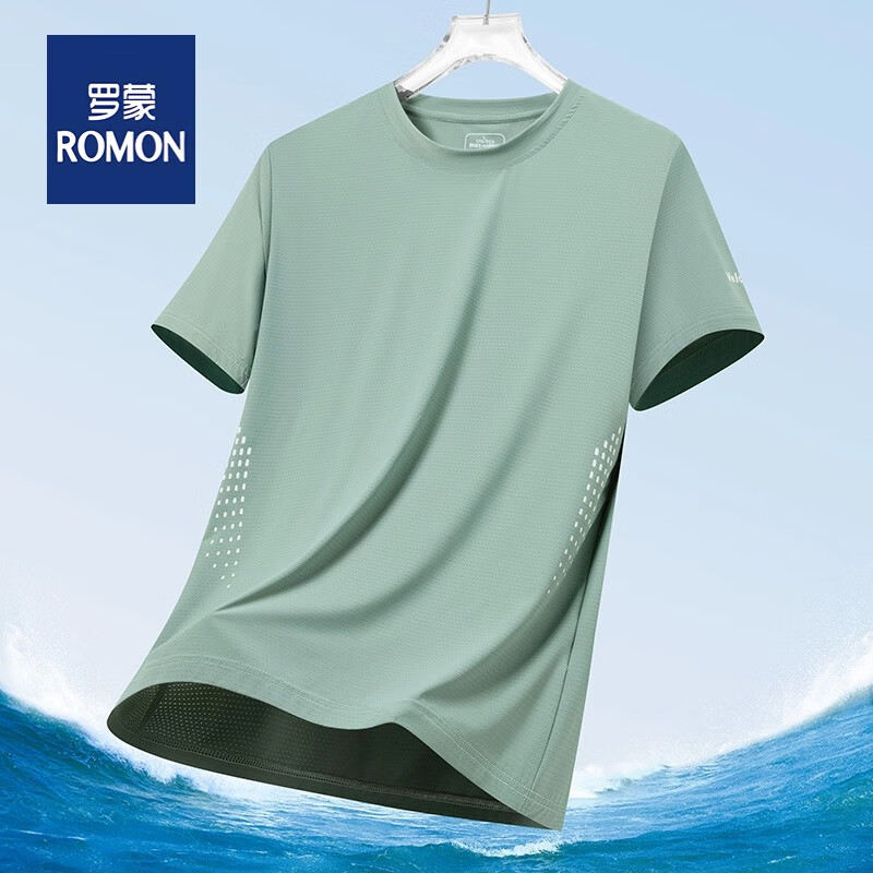 罗蒙(ROMON)夏季薄款短袖t恤男士圆领速干吸汗时尚休闲运动健身轻薄衣 豆绿 2XL（130~145斤） 69.7元
