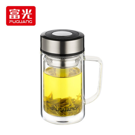 富光 格致双层玻璃杯 透明带盖茶杯办公杯带把 本色 520ML 53.9元