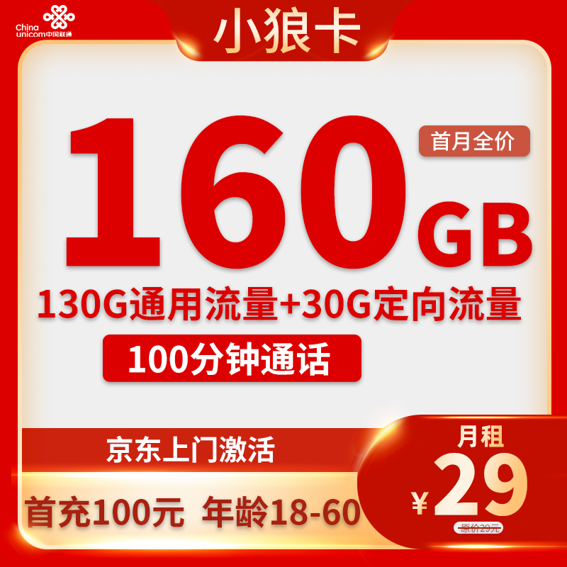 中国联通 小狼卡 20年29元月租（160G全国流量＋100分钟通话） 0.01元