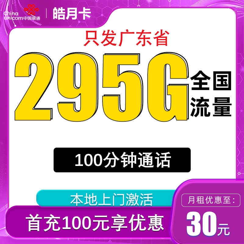 中国联通 皓月卡 30元月租（295G全国流量+100分钟通话+只发广东省） 0.01元