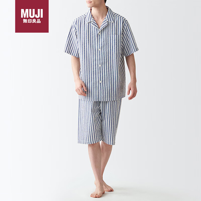 MUJI 無印良品 无印良品（MUJI）无侧缝 泡泡纱 短袖 男士家居服套装 深藏青色条纹 ￥140