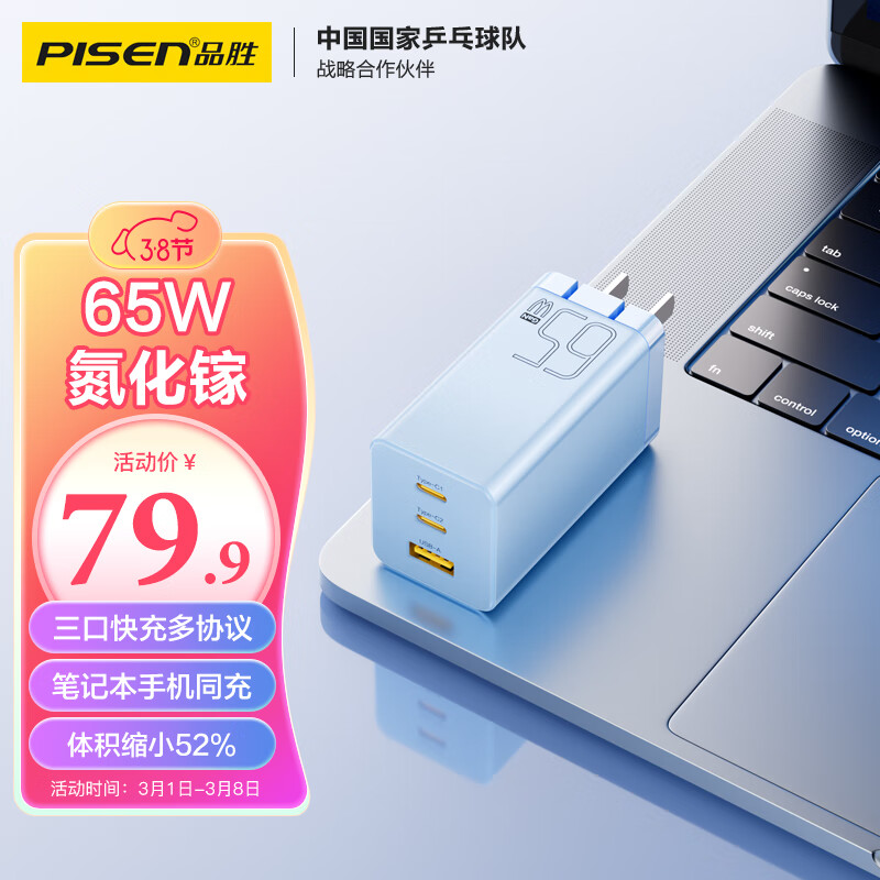 PISEN 品胜 65W氮化镓充电器多口TypeC/USB插头适用pd快充苹果15手机iPad/macbook笔记 66.03元（需买2件，需用券）